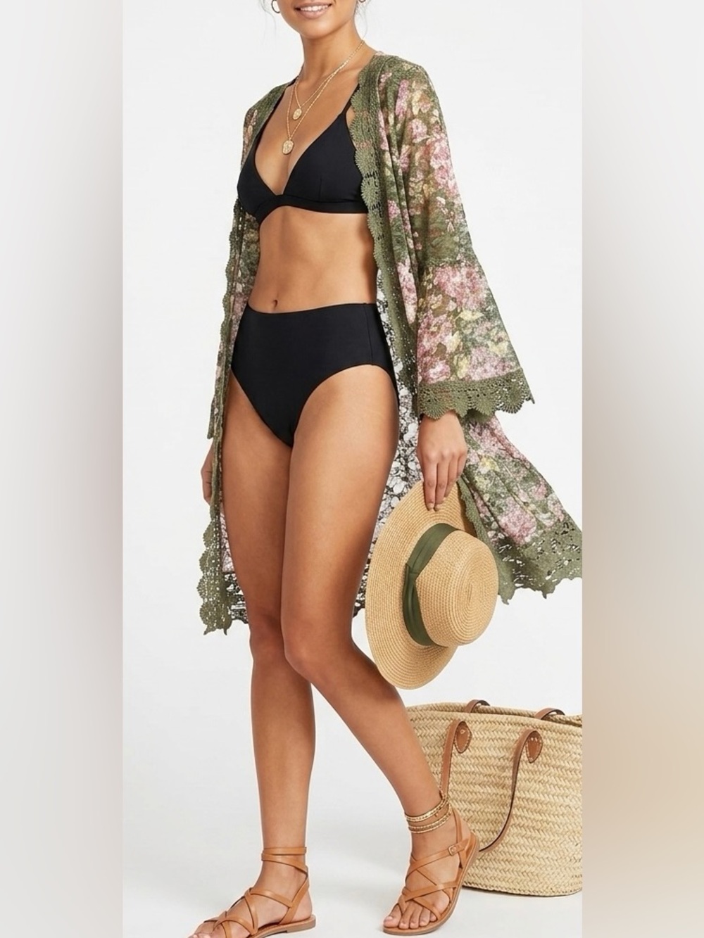 Olive Floral Lace-Trim Swim Coverup